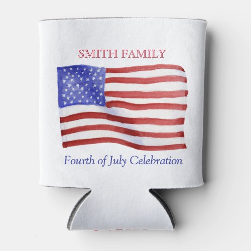 Personalized Custom Watercolor American Flag Can Cooler