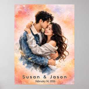 Personalized Custom Watercolor Couple Photo Gift Poster