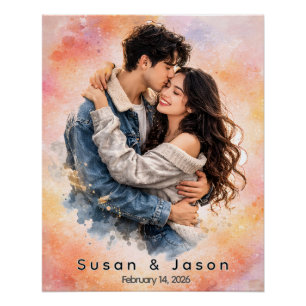 Personalized Custom Watercolor Couple Photo Gift Poster