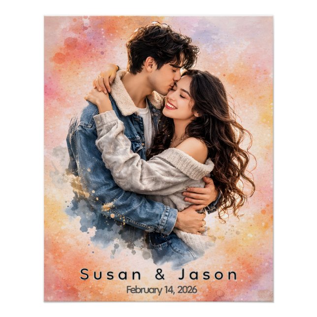 Personalized Custom Watercolor Couple Photo Gift Poster (Front)