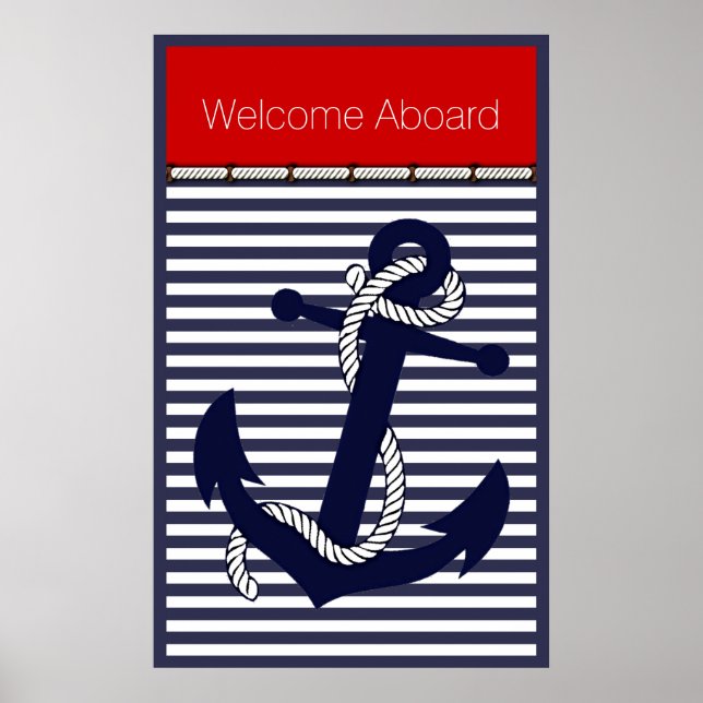 Personalized Custom Welcome Aboard Anchors Stripes Poster (Front)