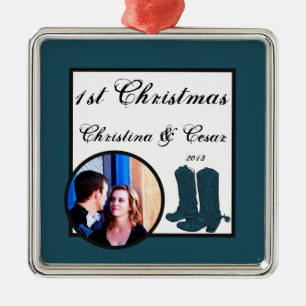 Personalized Custom Western Blue Cowboy Boots spur Metal Ornament