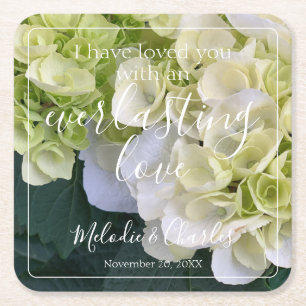Personalized Custom White Hydrangea Elegant Love Square Paper Coaster