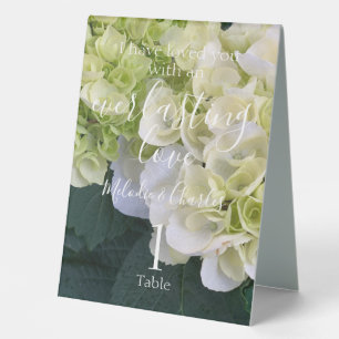 Personalized Custom White Hydrangea Wedding Love  Table Tent
