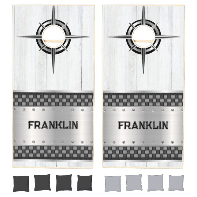 Personalized Custom White, Silver & Black Accents Cornhole Set (Set)