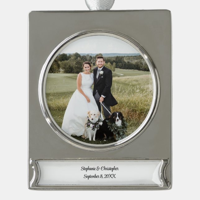 Personalized Customized Wedding Photo Christmas  Silver Plated Banner Ornament (Front)