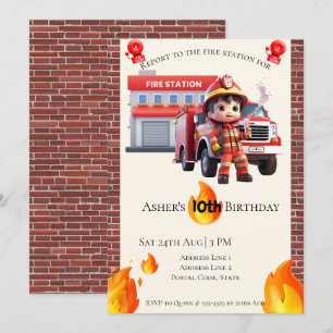 Personalized Cute 3D Fire Fighter Boy Birthday  Invitation