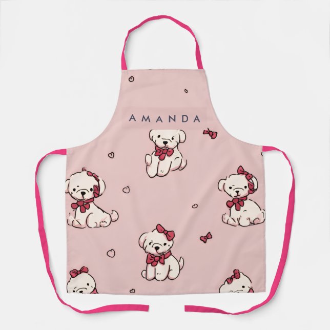 Personalized Cute Adorable Puppy with Red Bow Apron (Front)