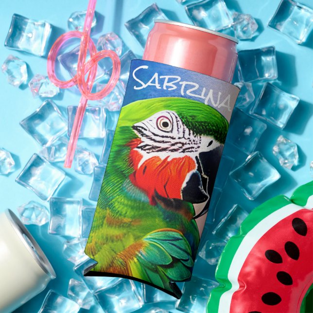 Personalized Cute AI Generated Parrot Seltzer Can Cooler (In Situ Summer)