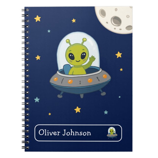 Personalized Cute Alien Space Moon Name School Notebook (Front)