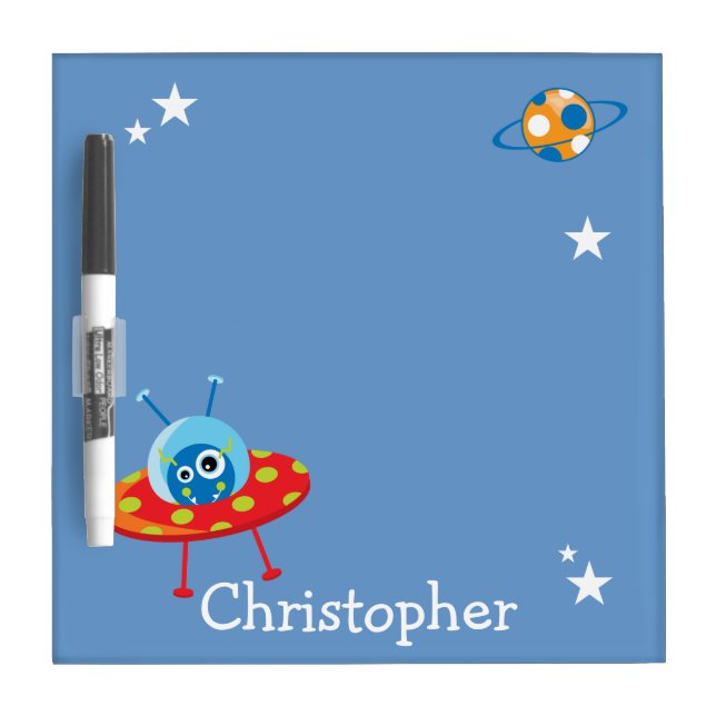 Personalized Cute Alien Spaceship Dry Erase Board (Front)