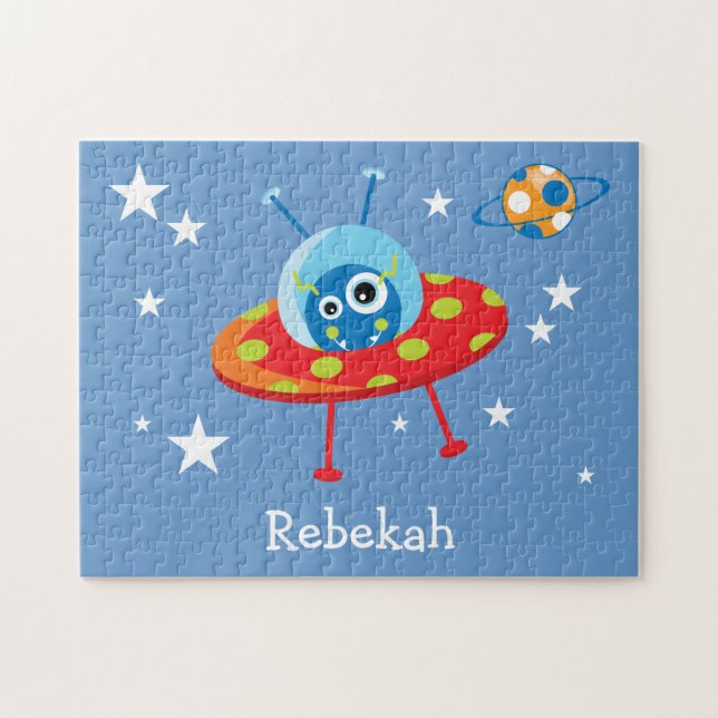 Personalized Cute Alien Spaceship Jigsaw Puzzle (Horizontal)