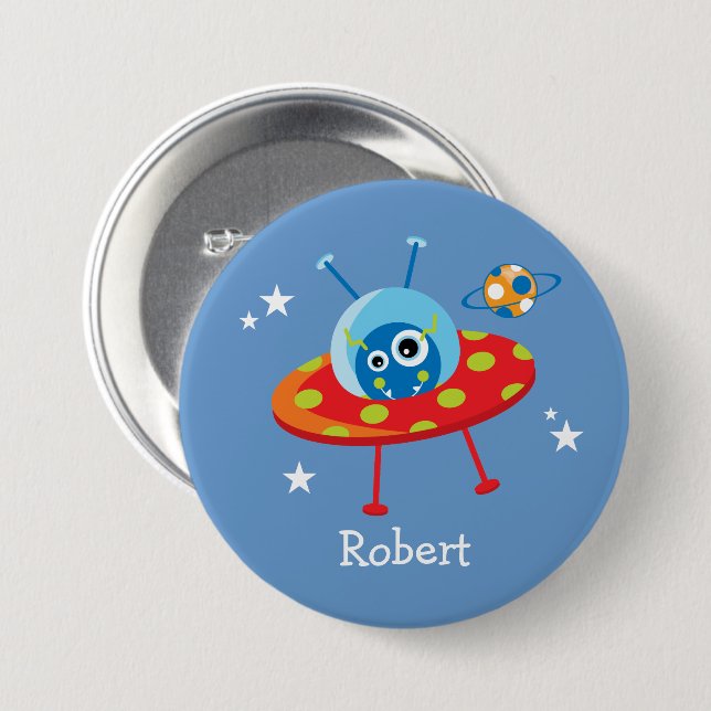 Personalized Cute Alien Spaceship Pinback Button (Front & Back)