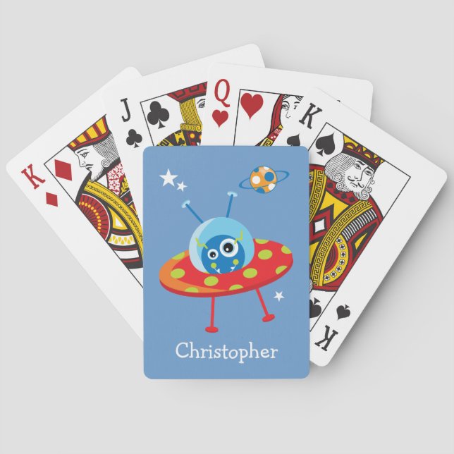 Personalized Cute Alien Spaceship Poker Cards (Back)