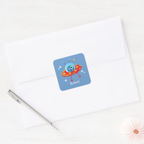 Personalized Cute Alien Spaceship Square Sticker