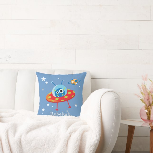 Personalized Cute Alien Spaceship Throw Pillow (Couch)