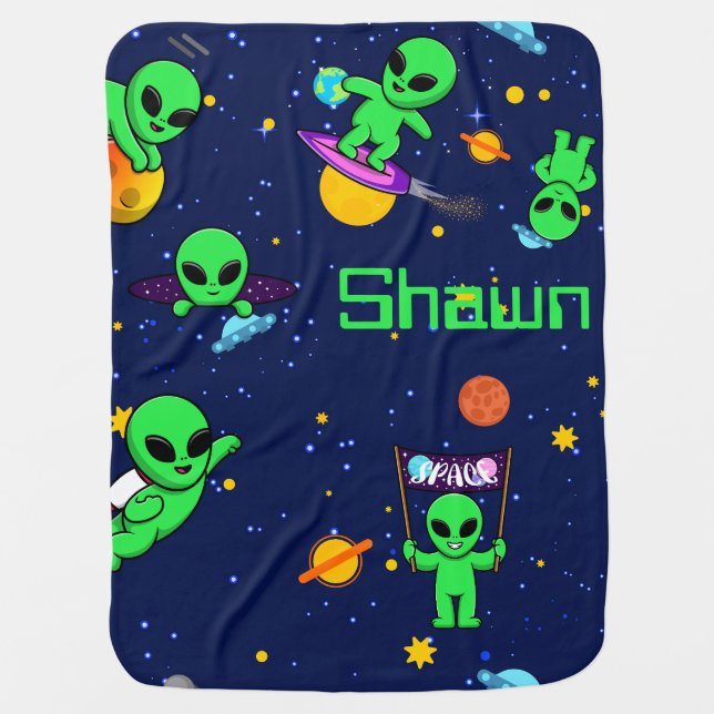 Personalized Cute Aliens in Space Baby Blanket (Front)