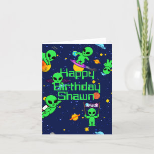 Personalized Cute Aliens in Space Card