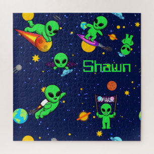 Personalized Cute Aliens in Space Jigsaw Puzzle