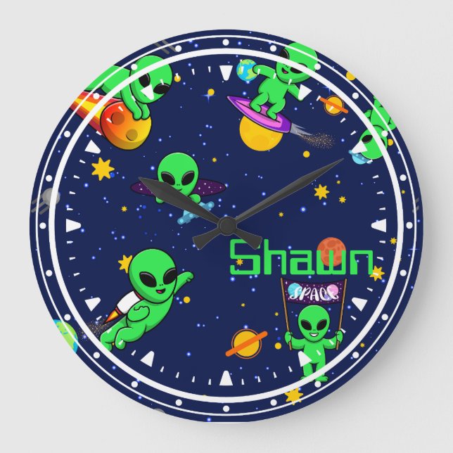 Personalized Cute Aliens in Space Large Clock (Front)
