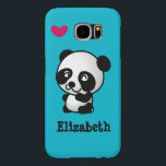 Personalized cute and happy panda bear with heart. samsung galaxy s6 case<br><div class="desc">Personalize with the name or text of your choice! A cute and adorable illustration of a black and white panda bear sitting around looking happy,  friendly and lovable. Girly heart hovers above the panda.. Turquoise blue background.</div>