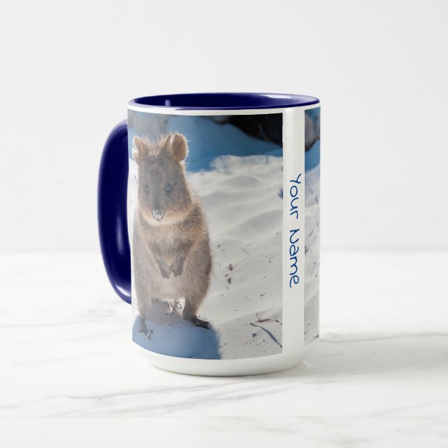 Personalized cute and happy quokka on the beach mug (Front Left)