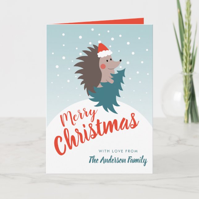 Personalized Cute and Modern Hedgehog Christmas Holiday Card (Front)