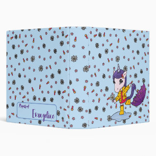Personalized Cute and Simple Blue Floral Unicorn 3 Ring Binder