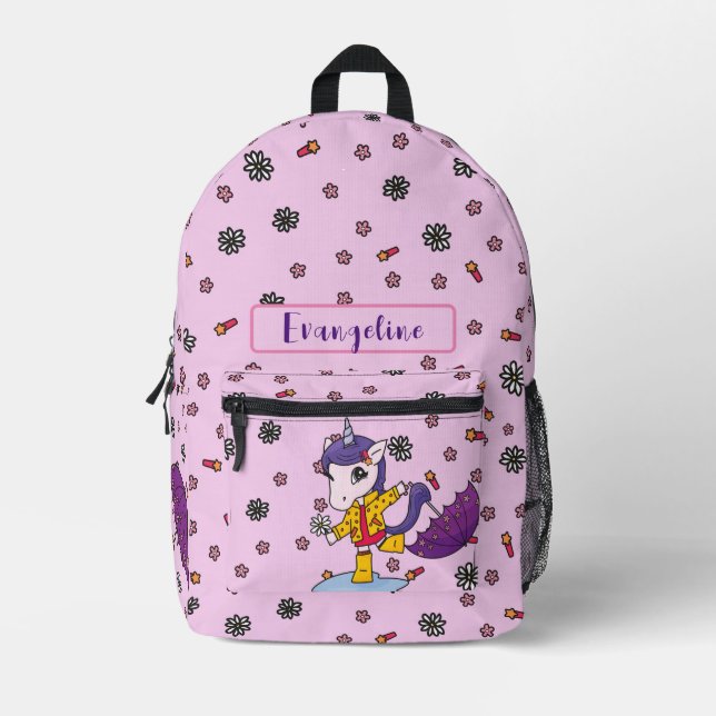 Personalized Cute and Simple Pink Floral Unicorn Printed Backpack (Front)