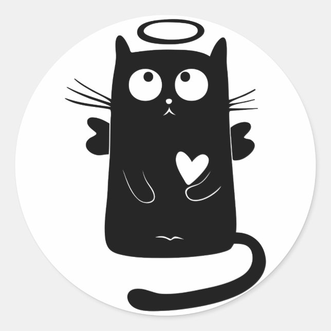 Personalized Cute Angel Black Cat Classic Round Sticker (Front)