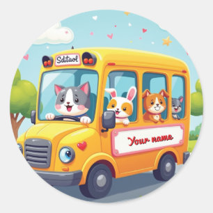 Personalized Cute Animal School Bus Design Classic Round Sticker