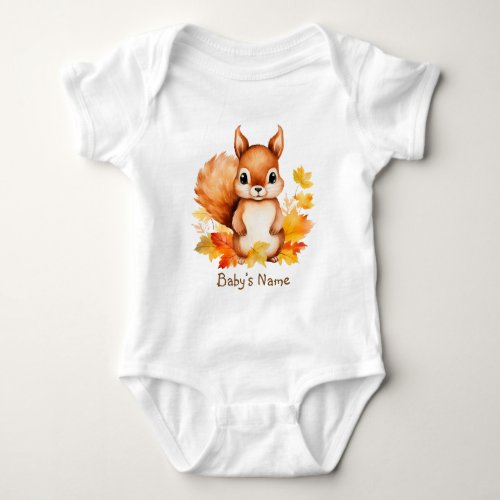 Personalized Cute Animal Squirrel Autumn Leaves  Baby Bodysuit