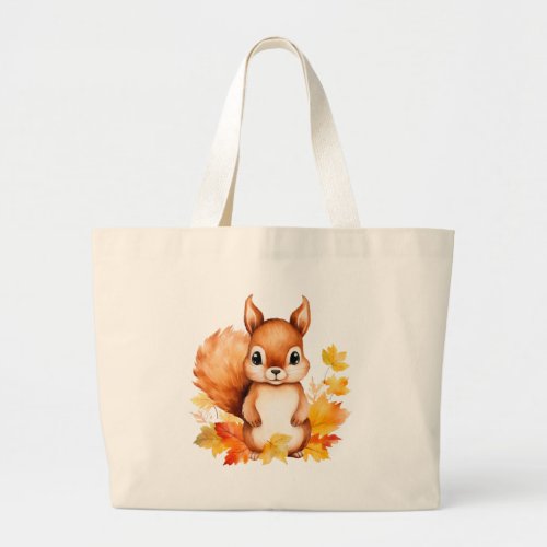 Personalized Cute Animal Squirrel Autumn Leaves  Large Tote Bag