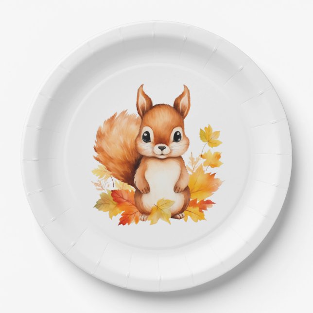 Personalized Cute Animal Squirrel Autumn Leaves  Paper Plates (Front)
