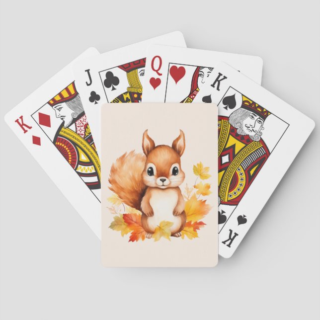 Personalized Cute Animal Squirrel Autumn Leaves  Poker Cards (Back)