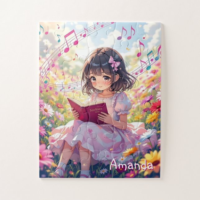 Personalized Cute Anime Girl Reading a Book Jigsaw Puzzle (Vertical)