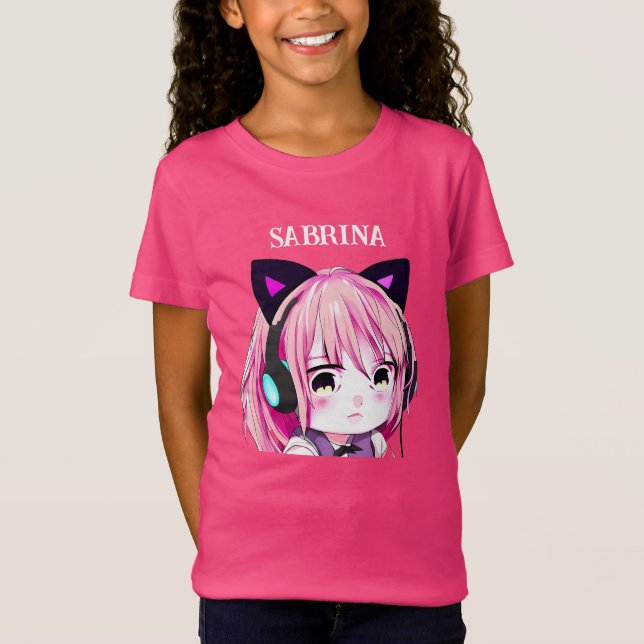 Personalized Cute Anime Girl with Cat Ears T-Shirt (Front)
