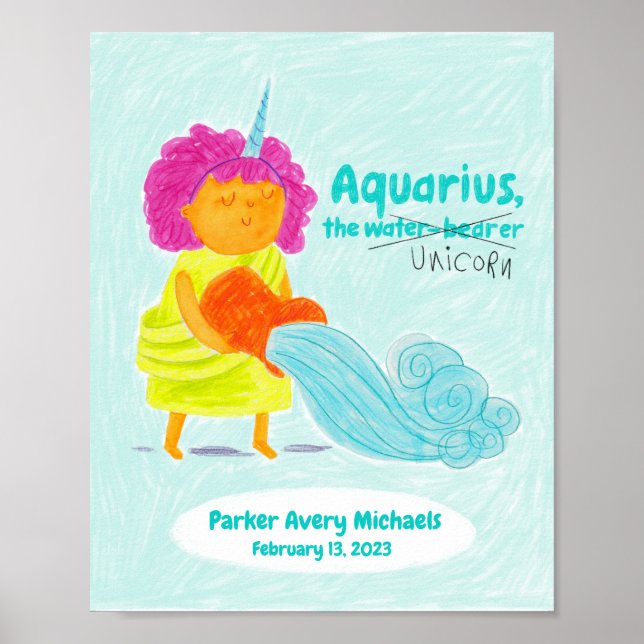 Personalized Cute Aquarius Unicorn Zodiac Poster (Front)