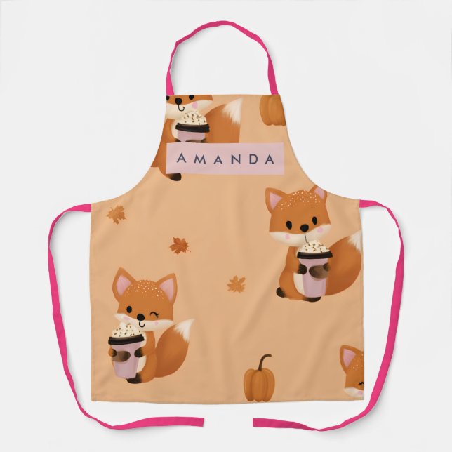 Personalized Cute Autumn Fox with Coffee Pattern  Apron (Front)