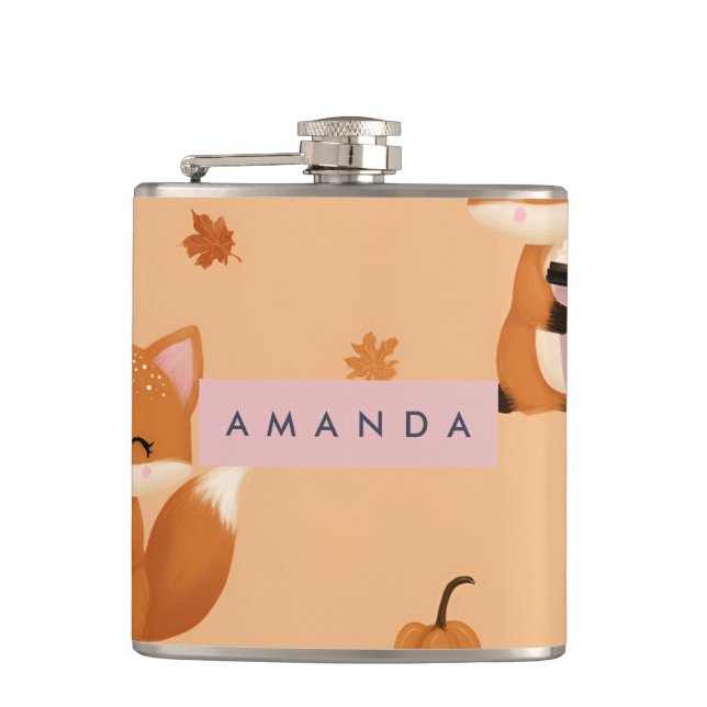 Personalized Cute Autumn Fox with Coffee Pattern  Flask (Front)