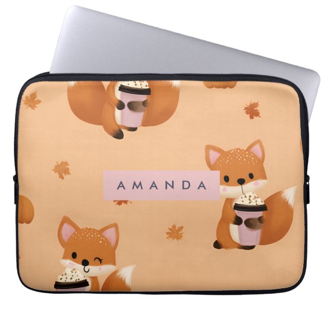 Personalized Cute Autumn Fox with Coffee Pattern  Laptop Sleeve (Front)