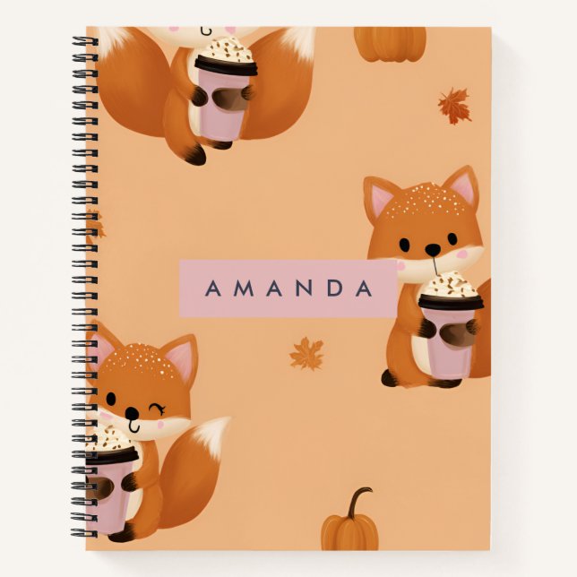 Personalized Cute Autumn Fox with Coffee Pattern  Notebook (Front)