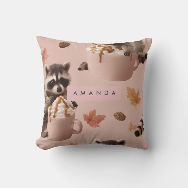 Personalized Cute Autumn Raccoon Pattern Throw Pillow (Front)