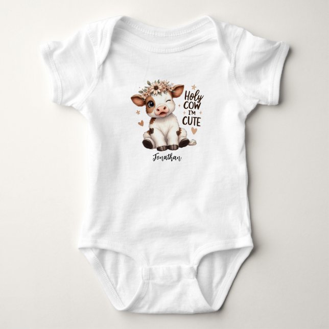 Personalized Cute Baby Animal Holy Cow One-Piece Baby Bodysuit (Front)
