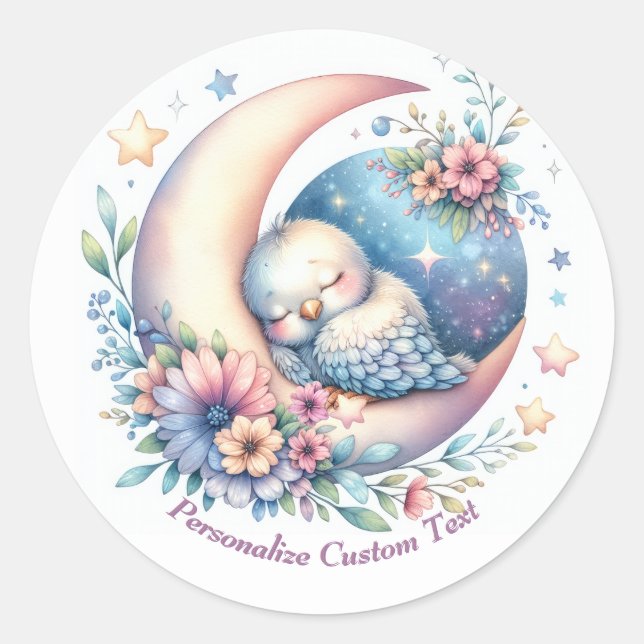Personalized Cute Baby Bird Sleeping on Moon Classic Round Sticker (Front)