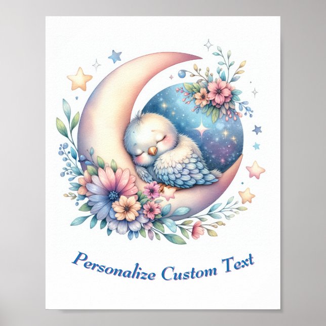 Personalized Cute Baby Bird Sleeping on Moon Poster (Front)