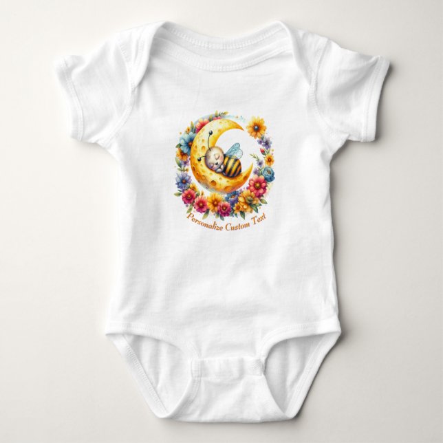 Personalized Cute Baby Bumble Bee Sleeping on Moon Baby Bodysuit (Front)