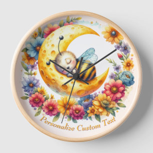 Personalized Cute Baby Bumble Bee Sleeping on Moon Clock