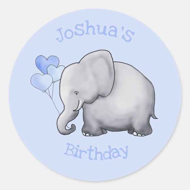 Personalized Cute Baby Elephant Birthday Party Classic Round Sticker (Front)