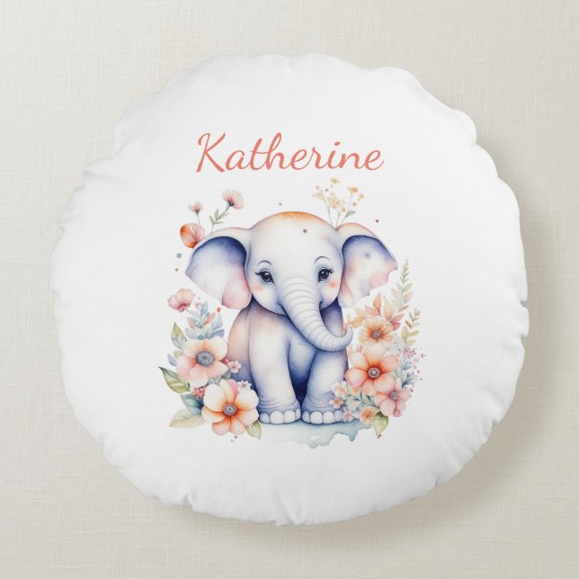 Personalized Cute Baby Elephant Nursery Room  Round Pillow (Front)